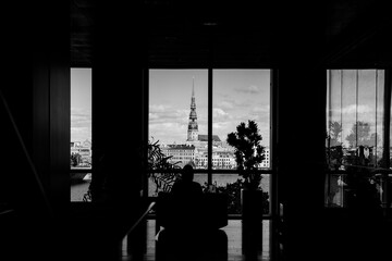 St. Peter's Church in Riga, seen through a window of the national library of Latvia. 