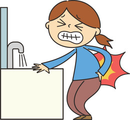 洗面所で顔を洗う時に、腰に痛みが走った女性のイラスト
