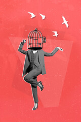 Vertical collage image of dancing person black white effect cage instead head painted birds fly isolated on drawing red background - obrazy, fototapety, plakaty