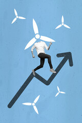 Vertical collage image of running person black white gamma windmill instead head drawing arrow...