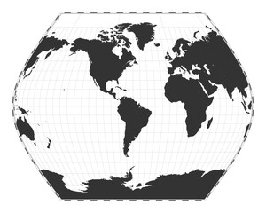 Vector world map. Ginzburg VIII projection. Plan world geographical map with latitude/longitude lines. Centered to 60deg E longitude. Vector illustration.