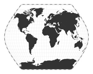 Vector world map. Ginzburg VIII projection. Plan world geographical map with latitude/longitude lines. Centered to 0deg longitude. Vector illustration.