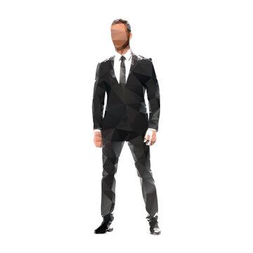 Businessman standing, low poly vector illustration. Man in suit, front view