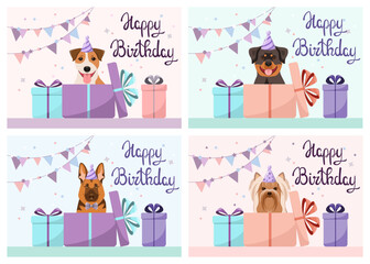 A set of greeting cards with funny dogs. Happy Birthday. Cartoon design.
