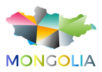 Bright colored Mongolia shape. Multicolor geometric style country logo. Modern trendy design. Appealing vector illustration.