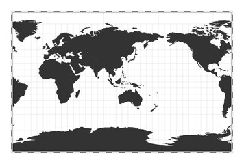 Vector world map. Cylindrical stereographic projection. Plan world geographical map with latitude/longitude lines. Centered to 120deg W longitude. Vector illustration.