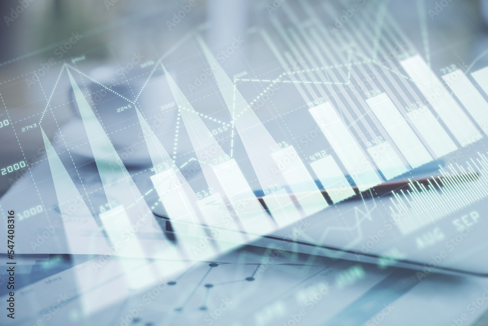 Poster Forex graph hologram on table with computer background. Double exposure. Concept of financial markets.