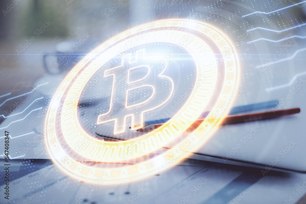 Poster Double exposure of blockchain and crypto economy theme hologram and table with computer background. Concept of bitcoin cryptocurrency.