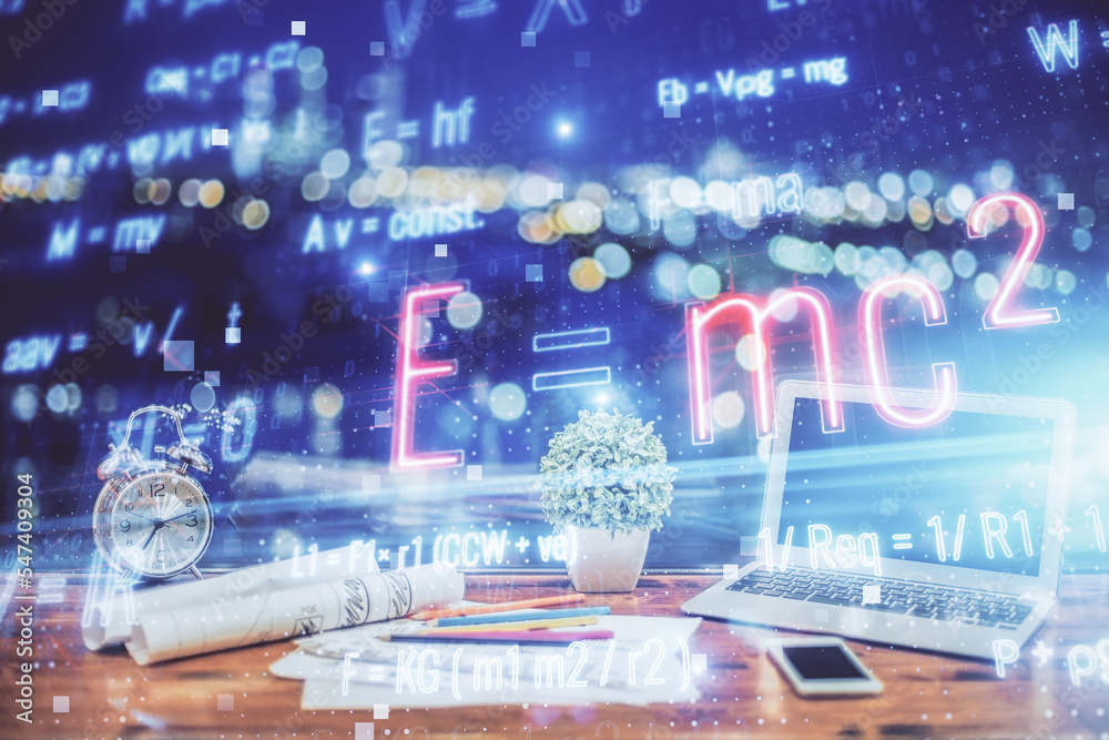 Poster desktop computer background and formula hologram writing. double exposure. education concept.