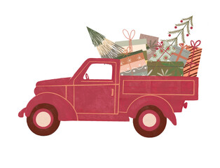 Christmas red truck with gifts 