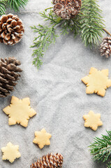 Obraz na płótnie Canvas Pine branch and Christmas cookies on a textile background