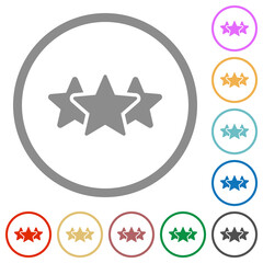 Three star rating solid flat color icons in round outlines