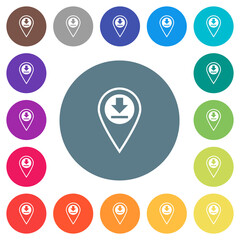 GPS location download flat white icons on round color backgrounds
