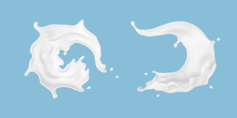 Fototapeta premium Milk splash set isolated on blue background. Realistic vector illustration