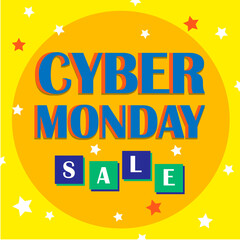 Naklejka premium Vivid illustration of CYBER MONDAY SALE blue-orange letters on a yellow background with stars.