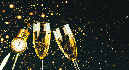 Happy New Year. Champagne bottle with two glasses,sparkling Glitter with copy space. New Years Eve celebration concept background