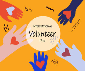 International volunteer day awareness. Continuous line palms hold hearts.Vector doodle illustration for banner, poster social media.