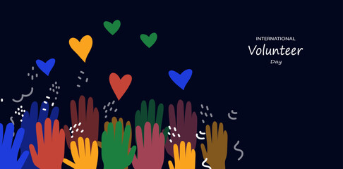 International volunteer day awareness. Continuous line palms hold hearts.Vector doodle illustration for banner, poster social media.