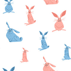 Hand drawn abstract vector graphic clipart illustration seamless pattern with adorable cute bunny character.Trendy kids modern design concept.Vector contemporary New Year and Easter symbol background.
