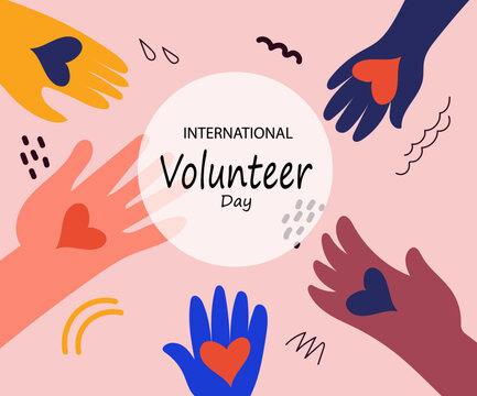 International volunteer day awareness. Continuous line palms hold hearts.Vector doodle illustration for banner, poster social media.
