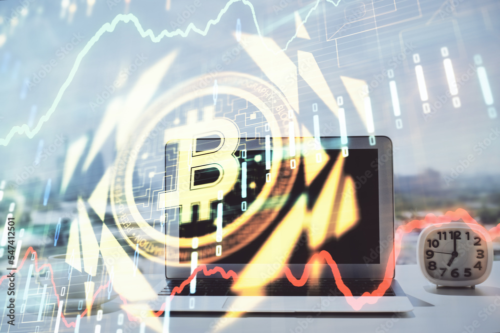Poster Double exposure of blockchain and crypto economy theme hologram and table with computer background. Concept of bitcoin cryptocurrency.