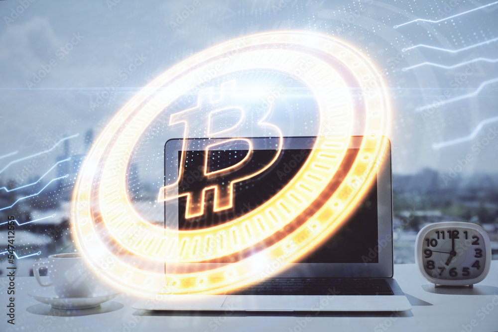 Poster Double exposure of blockchain and crypto economy theme hologram and table with computer background. Concept of bitcoin cryptocurrency.