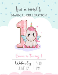 Happy first birthday candle with magical unicorn horse with roses baby girl greeting card vector