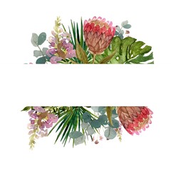 Frame flower palm protea a watercolor horizontal 