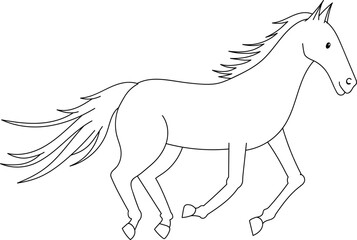 Cute coloring page for kids with cartoon running horse. Cartoon vector illustration for children isolated on white background.