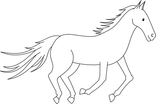 Cute coloring page for kids with cartoon running horse. Cartoon vector illustration for children isolated on white background.