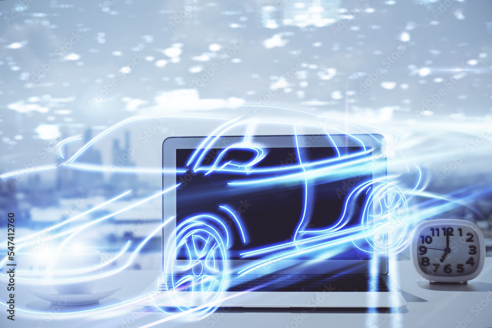 Poster Desktop computer background in office with automobile hologram drawing. Multi exposure. Tech concept.