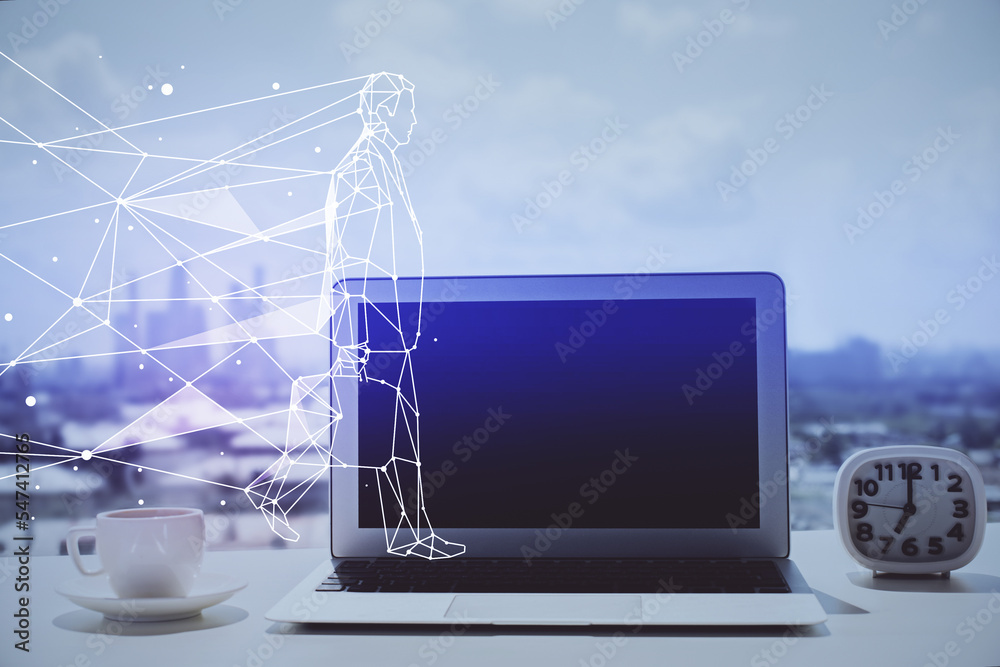 Poster Desktop computer background in office and start up theme hologram drawing. Double exposure. Startup concept.