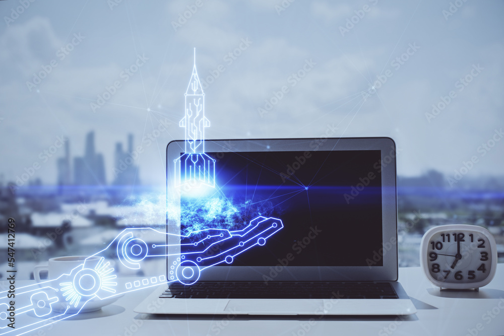 Poster desktop computer background in office and start up theme hologram drawing. double exposure. startup 