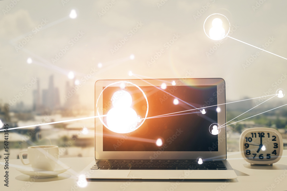 Poster computer on desktop with social network hologram. double exposure. concept of international people c