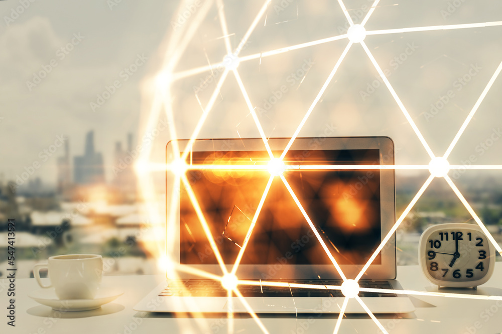 Poster computer on desktop with social network hologram. double exposure. concept of international people c