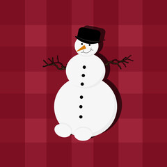 A winter card with a snowman in a bowler hat hands made of branches on red checkered retro plaid background Flat picture with English snowman. 