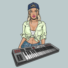 Girl with synthesizer colorful sticker