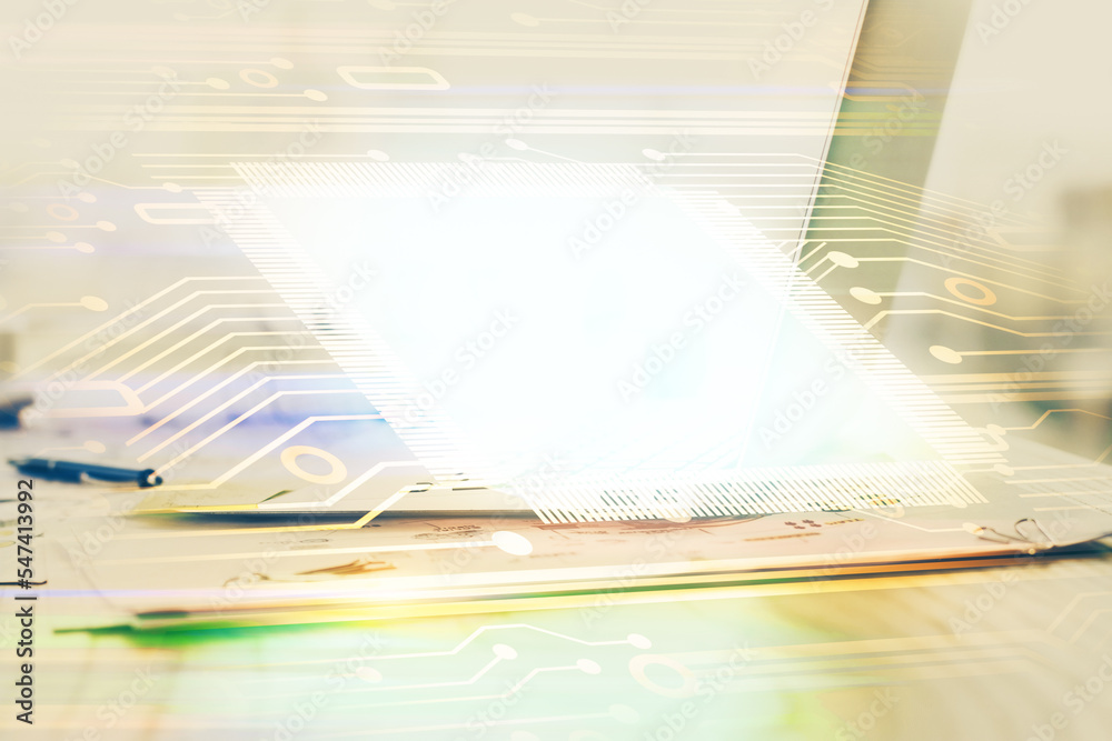 Aufkleber Double exposure of desktop with personal computer on background and tech theme drawing. Concept of data analysis.