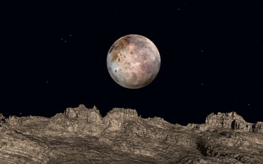 衛星カロンから眺めた冥王星 © Galileo-Giken