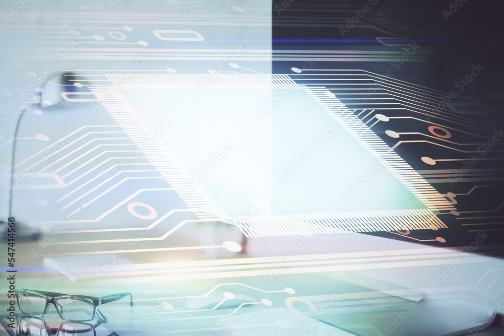 Aufkleber Double exposure of desktop computer and technology theme hologram. Concept of software development.