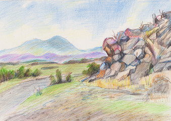 Panorama of mountains in distance and rocky cliff