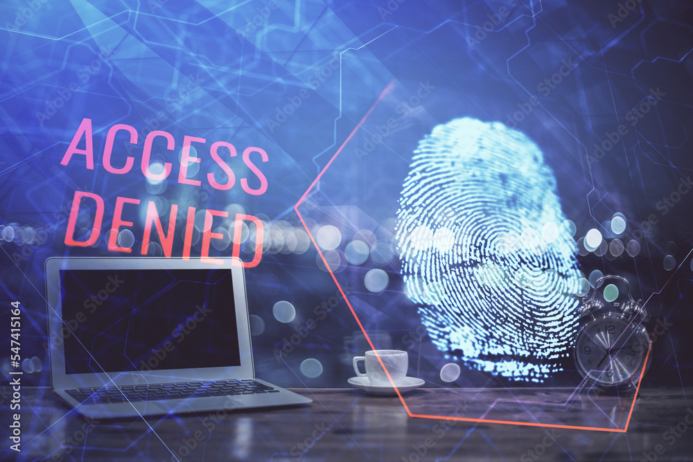 Poster Computer on desktop in office with finger print drawing. Double exposure. Concept of business data security.