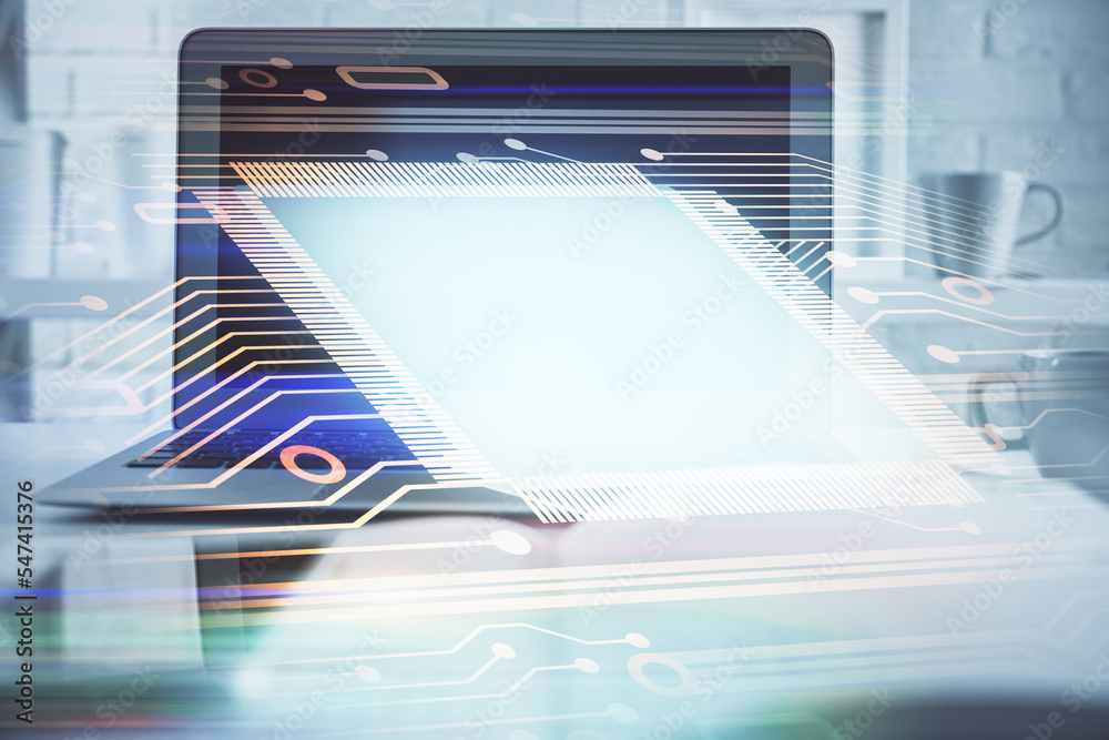 Aufkleber Technology theme drawing and work space with computer. Double exposure. Concept of innovation.
