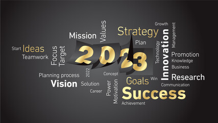 Success New Year 2023 shining golden white word cloud with calendar 2023 pages black board background