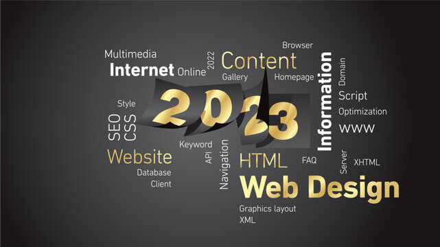 Web Design New Year 2023 shining golden white word cloud with calendar 2023 pages black board background