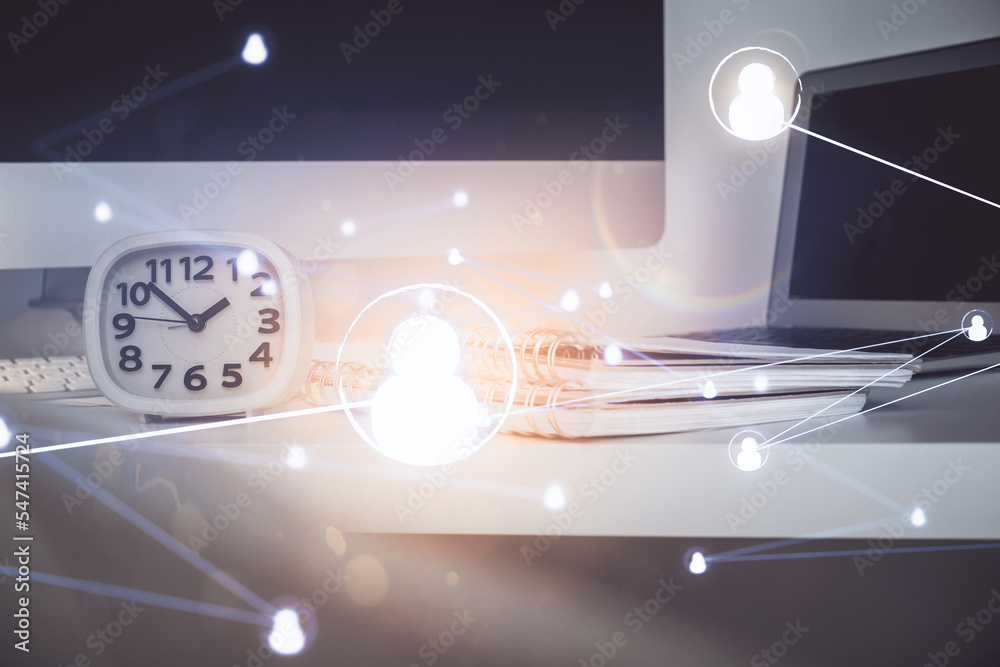 Poster computer on desktop with social network theme icon. multi exposure. concept of international connect