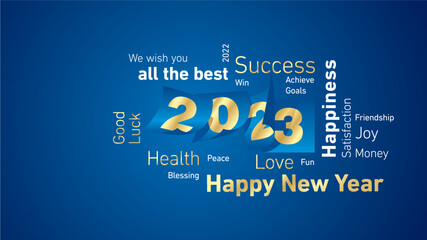 Happy New Year 2023 golden numbers white word cloud text with calendar 2023 pages blue isolated background vector