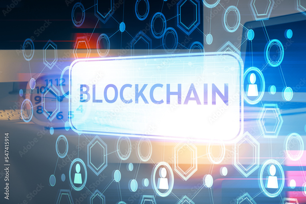 Aufkleber Multi exposure of blockchain theme hologram and table with computer background. Concept of bitcoin crypto currency.