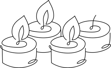 Hand drawn continuous one line four candles vector icon. Christmas advent three burning cundles. Outline illustration for greeting card, web design isolated holiday invitation on white background