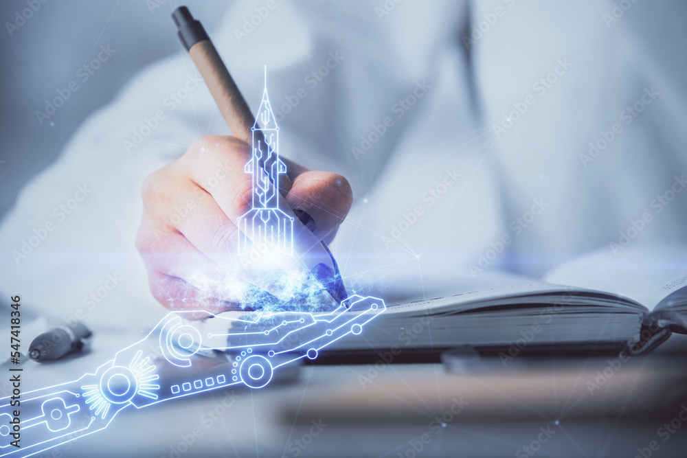 Poster Start up creative drawing over close up hands in notepad background. Concept of brainstorming. Double exposure